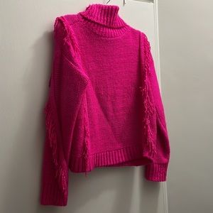 Lou & Grey fringe turtleneck wool blend sweater tropical fuchsia